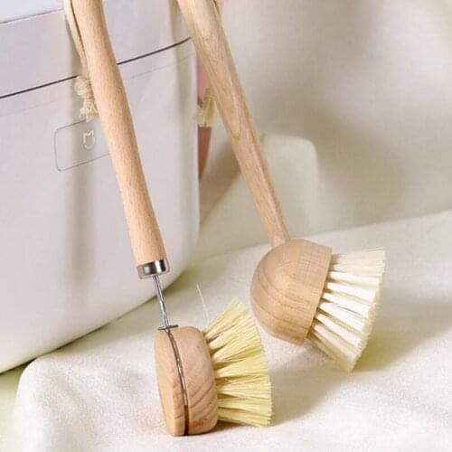 Household Long Handled Natural Wooden Pot Dishes Replaceable Dishwashing Brush Frosted Brush Kitchen Cleaning Tools