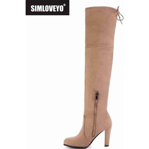 SIMLOVEYO Women stretch Fabric Faux Suede over the knee boots pointed toe high heel lace-up thigh high boots woman botas B714