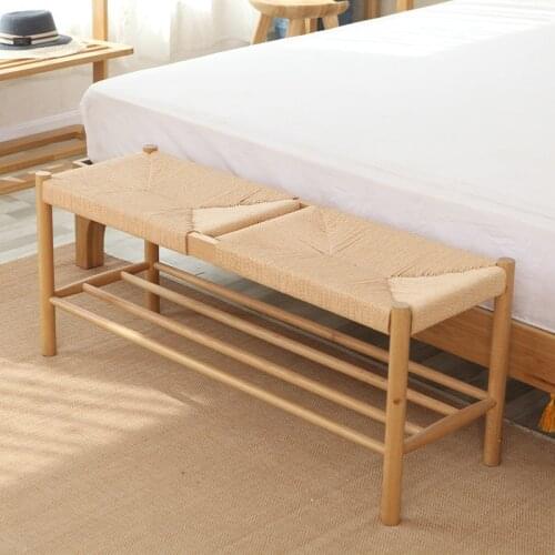 Nordic Solid Wood Shoe Changing Stool Long Woven With Cowhide Rope Simple Modern Japanese Style Dining Chair Bench Furniture
