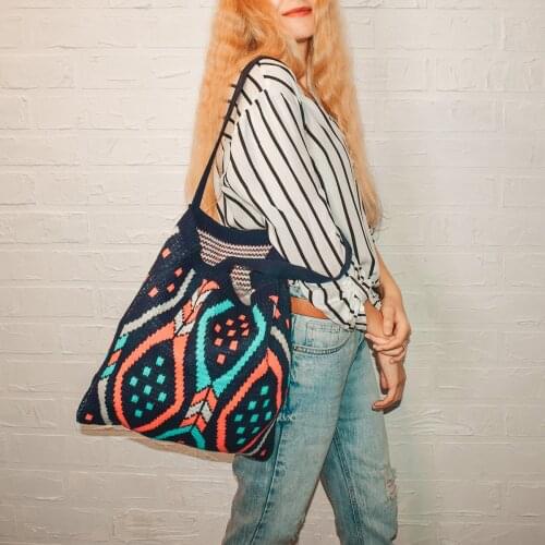 Female Knitting Aztec Ibiza Top-handle Tote Bag Women Crochet Woolen Gypsy Bohemian Boho Chic Ethnic Soft Shopping Bag Handbag