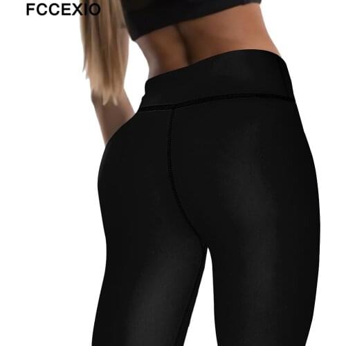 FCCEXIO Women Plus Size Sport Leggings Solid Black High Waist Comfortable Breathe Freely Fitness Stretch Leggings Женские штаны
