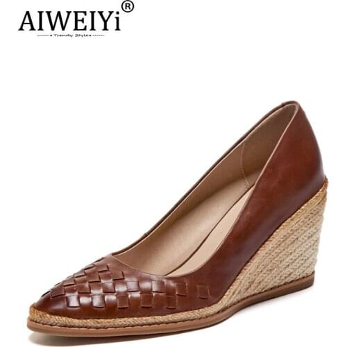 AIWEIYi Thick Sole Wedges Shoes Woman Weave High Heels Pointed Toe Platform Pumps Genuine Leather Slope Heel Casual Shoes