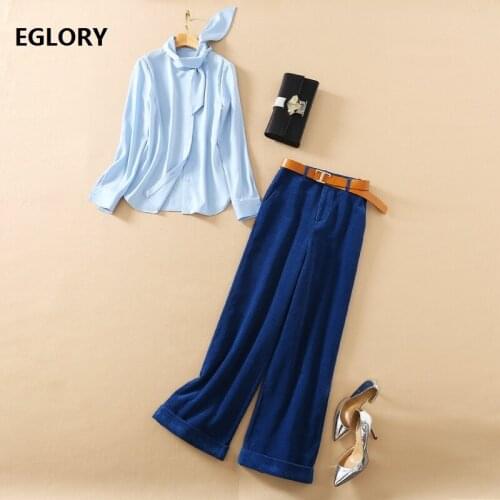 New 2021 Early Spring Fashion Clothing Sets Women Bow Tie Elegant Blue Shirts+Belt Deco Solid Blue Velvet Pant Sets Casual Suits