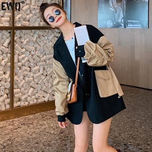 [EWQ] Pocket Long-sleeved Blazer Autumn 2021 16E1333 Korea Chic Casual Trend Women Lapel Contrast Color Stitching Loose Fashion