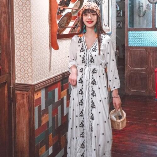 Spring Summer Bohemian Maxi Dress Long Embroidery V Neck Red Print Women Beach Sundress Red Long Sleeve Slim Holiday Robe Dress