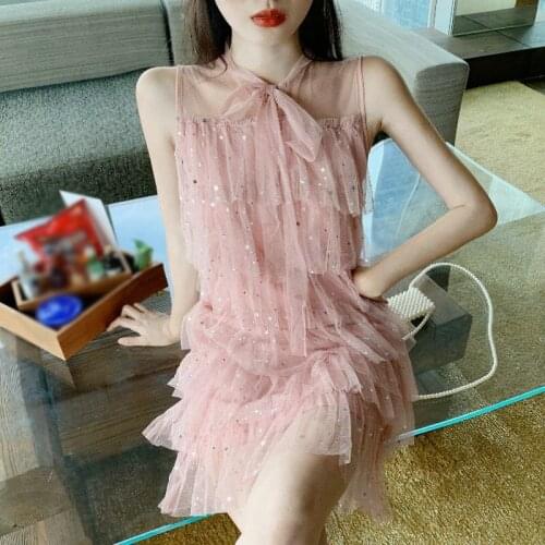 Women Summer Bandage Strap Bow Sleeveless Mesh Gauze Ruffles Pleated Ball Gown Dress Lady Elastic Slim Pullover Midi Cake Dress