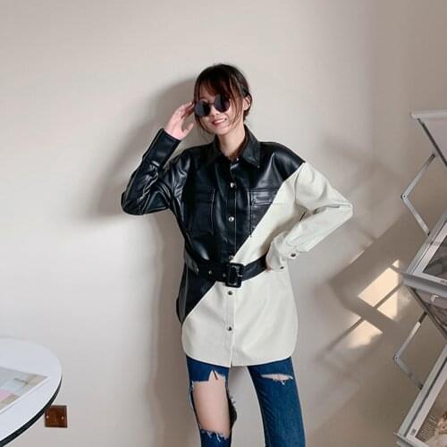 Korean Patchwork Color Contrast Faux Leather Coat Autumn Lapel Loose Long-sleeve Beige Black Moto Biker Jacket Casual Streetwear