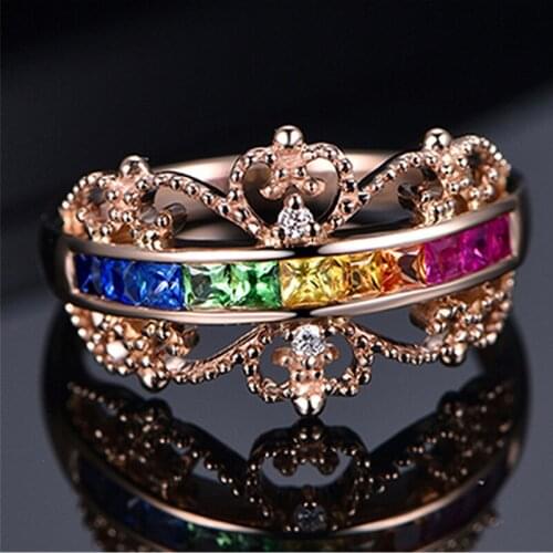 New Fashion Vintage Colorful Crystal Drill Hollow Crown Shaped Queen Temperament Rings For Women Wedding Ring Jewelry Accessorie