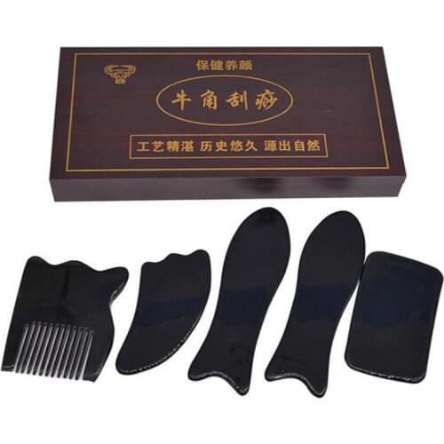 5 PCS of Natural Horn Multi-function Scrapping Plate Board Set Family Home Face Whole Body Set 5 pieces of Scrapping Board Box