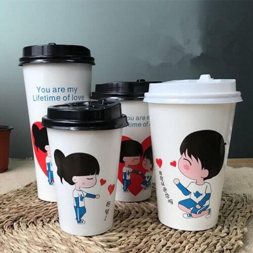 50pcs Disposable thick milk tea coffee cup Valentines day couple disposable hot and cold drink takeaway packaging cup with lid