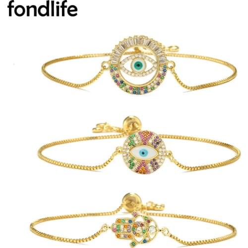 AAA Multicolor Rainbow Cubic Zirconia Crystal Evil Eye Lucky Charm Chain Bracelet Women Gold-Plated Hamsa Hand Of Fatima Jewelry