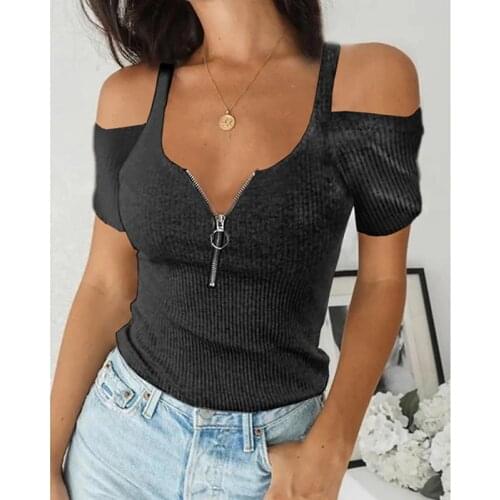 Blouse Women Cold Shoulder Short Sleeve Zipper Top Summer Casual Slim Womens Blouse Sexy V Neck Shirts Tops Blusas De Mujer