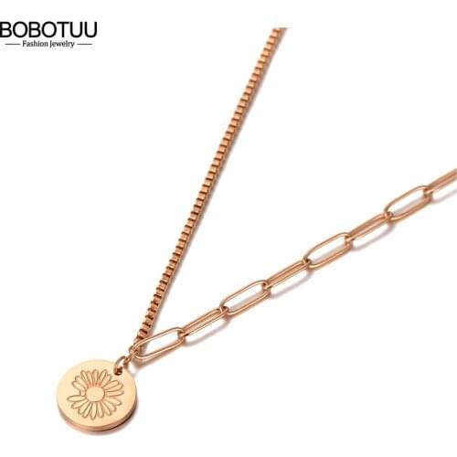 BOBOTUU Fashion Small Daisy Flower Charm Pendant Necklace For Women Titanium Stainless Steel Bohemia Party Jewelry BN20140