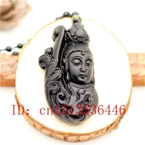 BIG Natural Black Obsidian Dragon Guanyin Pendant Beads Necklace Charm Jewellery Fashion Accessories Hand-Carved Amulet Gifts