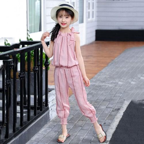 Kids girls 2pcs summer suits striped short-sleeved cotton T-shirt + shorts new big virgin suit 4-12 years old
