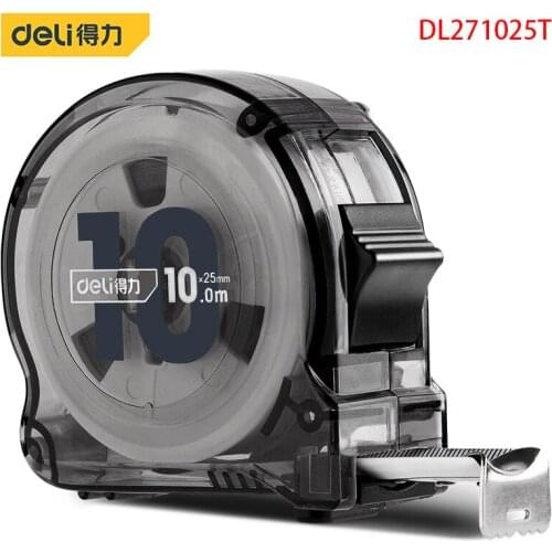 Deli DL271025T Transparent Steel Ruler Measuring Tools Carbon Steel Tape Specification: 10mx25mm Transparent Tape Measure Shell