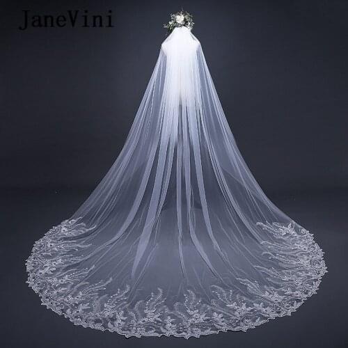 JaneVini Elegant Ivory Long Cathedral Wedding Veils One Layer Lace Appliques Edge Crystal Bridal Head Veil Wedding Accessories