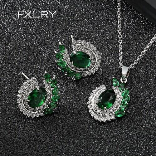 FXLRY Elegant Classic Leaf Shape Green Cubic Zirconia Trendy Pendant Necklace and Earring For Women Jewelry Sets