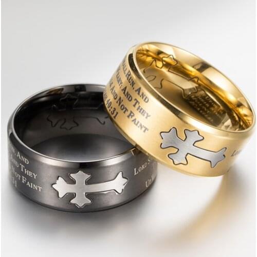 Exquisite carving Isaiah Book Cross Prayer Bible Verse Finger Ring Stainless Steel Religious Rings For Men Book Of Isaiah