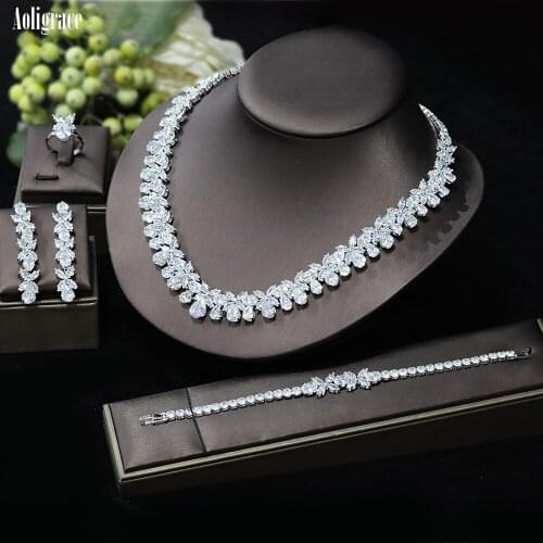 Sprkly Cubic Zirconia Bridal Jewelry Set Zircon Necklace Earrings Ring and Bracelet 4pcs Set For Wedding Women Dress Accessories