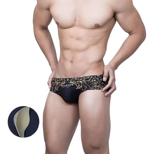 Men Swim Briefs Retro Gold Leaf Printing Low Waist Swimsuit Breathable Mens Trunks Summer Swimwear With Sponge Pad
