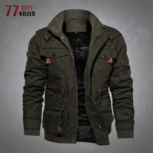 Mens Hooded Jacket Winter Fleece Warm Breathable Military Bomber Tactical Jackets Male Casual Multi-pocket Cotton Loose Outwear