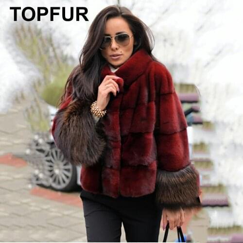 TOPFUR Fashion Wine Red Coat Women Short Jacket Real Fur Coat With Fur Collar Natural Mink Fur Full Sleeves With Fox Fur