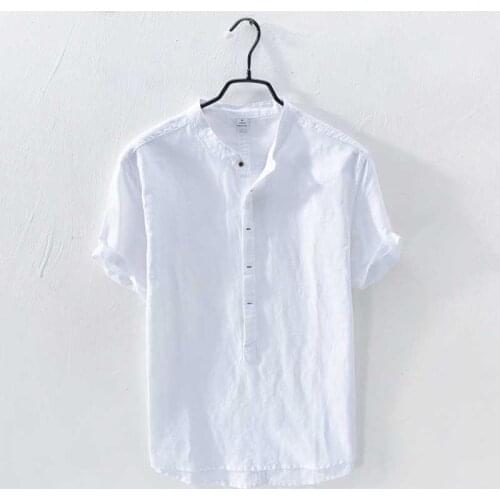 New Fashion Linen Tshirt for Summer Men Casual Mandarin Collar T-shirt Short Sleeve Half Button Closure Pullover T Shirt