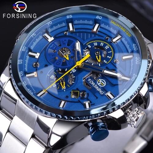 Forsining Blue Three Dial Design Silver Steel Calendar Display Men Sport Automatic Mechanical Wrist Watch Top Brand Luxury Clock