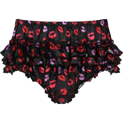 Mens Erotic Lingerie Underwear Lace Trim Tiered Skirted Briefs Panties Soft Shiny Satin Ruffled Bloomer Sissy Bottoms Underpants