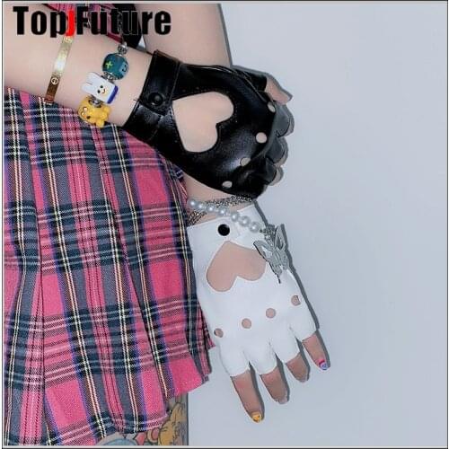 Womens peach heart night club punk hip hop show half finger open fingered gloves motorcycle Half Finger PU leather gloves