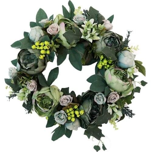 Peony Wreath Summer Wreath 13Inch Artificial Rose Floral Twig Silk Lvy Wall Decoration for Front Door with Green Leaves