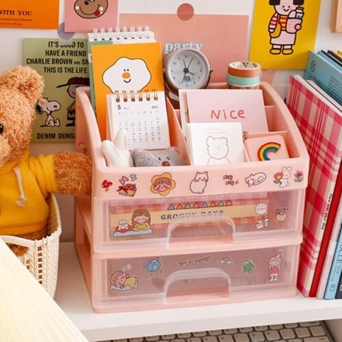Kawaii Large Capacity Transparent Drawer Type Desktop Organizer Desk Storage Box Pen Holder School Cute Office Stationery