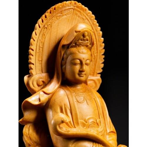 Boxwood 18cm 22cm Dragon Guanyin Sculpture Buddha Wood Statue Feng Shui Worship Home Decoration