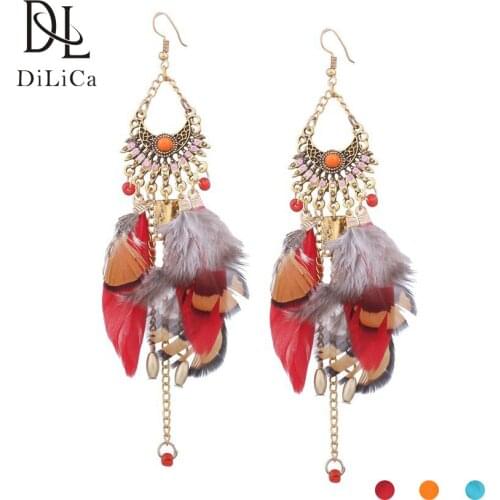 DiLiCa Trendy Long Drop Earrings Tassels Ethnic Vintage Feather Earrings for Women brincos 2020 Seaside Boho Dangle Earring