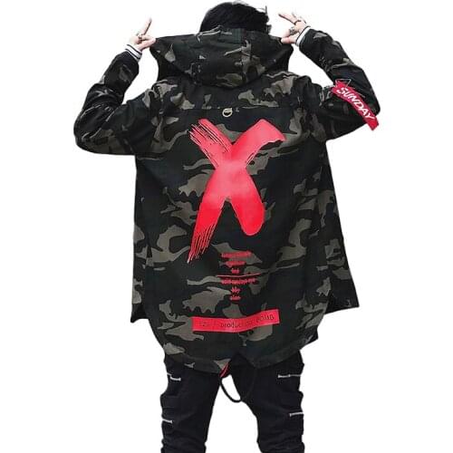 Spring New X Graffiti Print Men Hooded Trench Coats Male Street Hip Hop Casual Loose Camouflage Windbreaker Outerwear