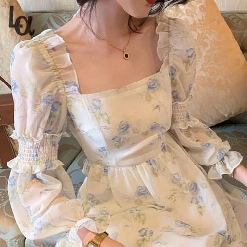 Luck A One Piece Dress Korea Fairy Floral Midi Dress Women Puff Sleeve Elegant Vintage Dress Party Dress Office Lady 2021 Summer