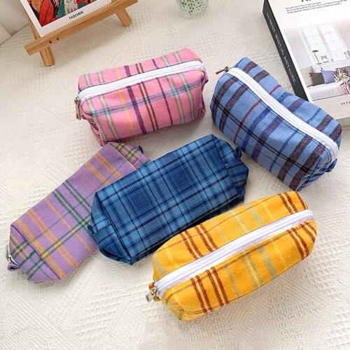 INS Vintage Pencil Case Large Capacity Lattice Grid Pen Bag Pencil Pouch for Stationery Cosmetics Brush Travel School Supplies