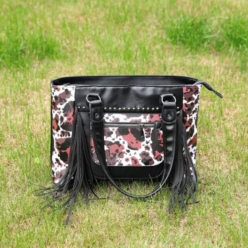 Womans PU Leather Tassal Totes Shopping Sunflower Cow Print Purse