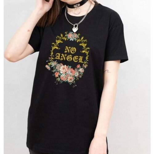 No Angel Floral Print Vintage Goth Black Top Egirl Punk Grunge Aesthetic Gothic Graphic T Shirts Cotton Oversized Women T-shirt