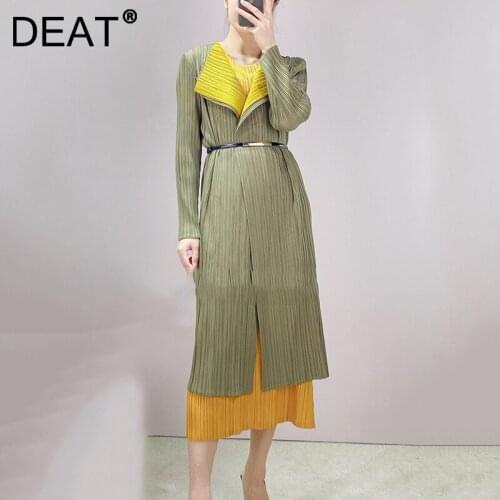 DEAT Woman Pleated Trench Coat Cardigan Hit Color Double Lapel Long Sleeve Casual Style Jackets 2021 New Autumn Fashion 15JK236h