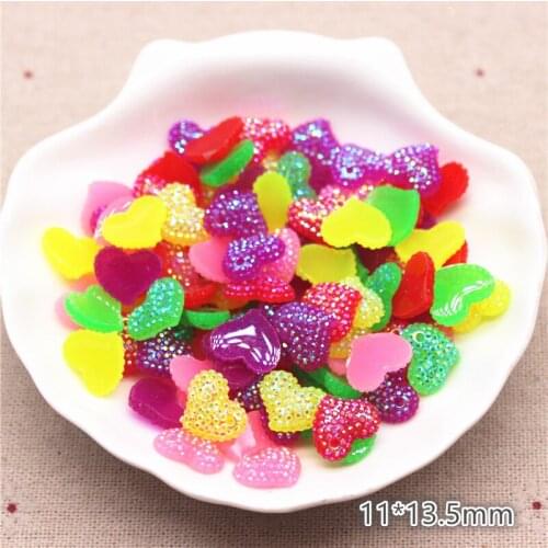 100pcs 11*13.5mm Shiny AB Mix Colors Heart Resin Rhinestone Flatback Cabochon DIY Craft Decoration Accessories