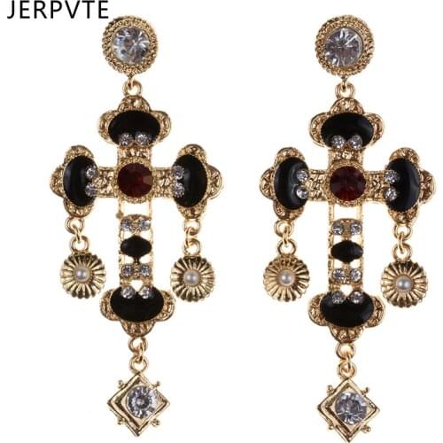 Boho Ethnic Vintage Cross Drop Earrings Women Baroque Bohemian Large Long Rhinestone Dangle Earrings Jewelry Femme Brincos 2019