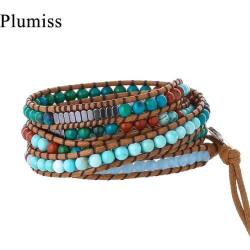 Plumiss Green Jaspers Wrap Bracelet for Women Geometric Hematite Aquamarines Stone Beaded Bracelets Grunge Jewelry Dropshipping