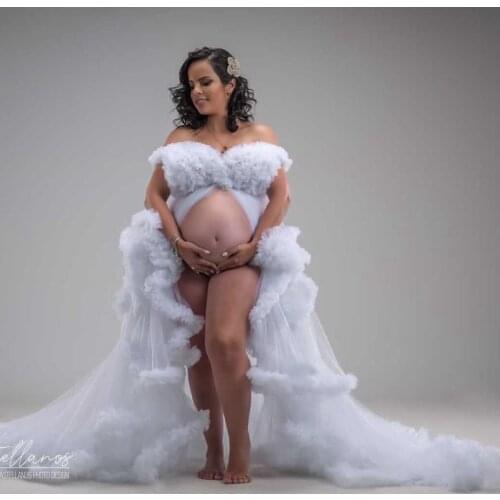 Elegant White Puffy Tulle Pregnancy Dress Plus Size With High Split Cap Sleeves Ruffles Fluffy Bridal Maternity Dresses