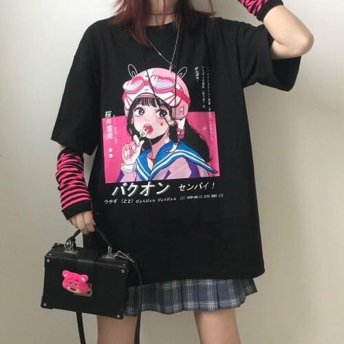 Summer Loose Women T-shirt Pink Grunge Streetwear Ladies Cartoons T-shirts Harajuku Female Clothes JK Uniform All-match Tops New