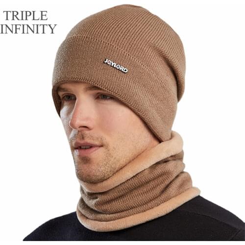 TRIPLE INFINITY Hot Sell Winter Men Hats Scarf Set Solid Color Warm Cap Scarves Male Unisex Outdoor Elastic Soft Comfortable Hat