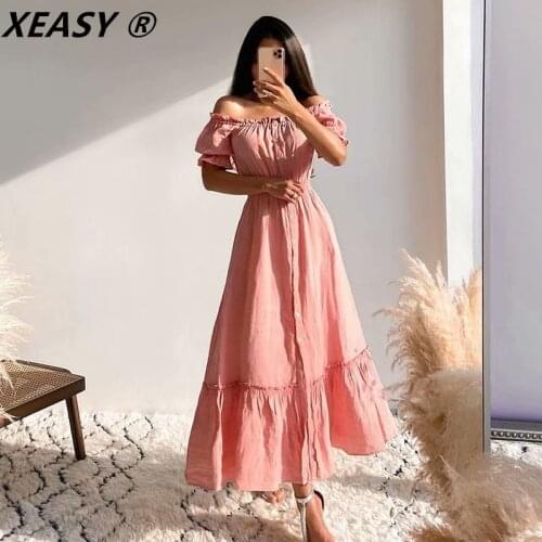 Klacwaya Women 2021 Fashion Solid Color Linen Midi Dress Vintage Short Sleeve Laminated Decoration Female Chic Dresses Mujer