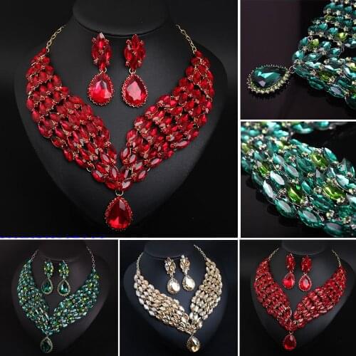 Statement Necklace Earring Set Crystal Glass Layered Jewelry Choker Boho Collar Bib Women Bridal Wedding Party Gifts Fashion