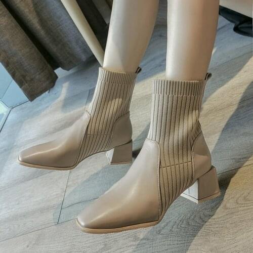 Nice Autumn Winter Women boots Knit Elastic Socks Boots square Toe Chunky Heel Boots Vogue Ankle Chelsea Boots Martin boots